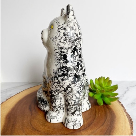 Cat White and Black Spongware Speckled Farmhouse Ceramic Cat - Picture 6 of 10